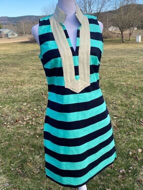 Sail to Sable Striped Shift Dress Gold Collar Preppy Resort